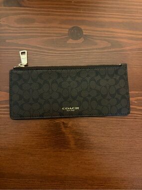 Coach Black Signature Zip Card Holder with Gold Logo